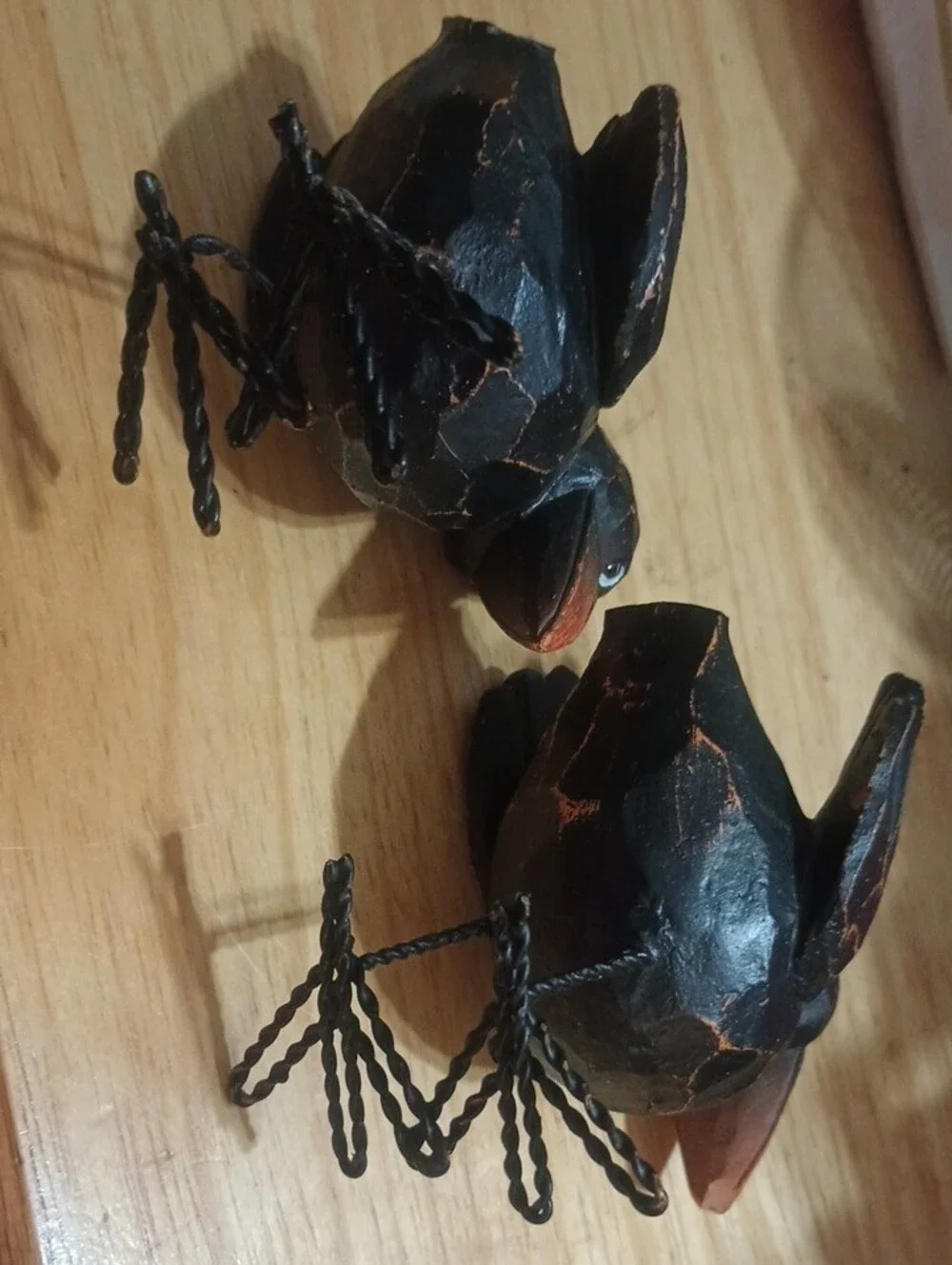 Hand-Carved Black Crow Figurines with Orange Beaks - Decorative Bird Pair